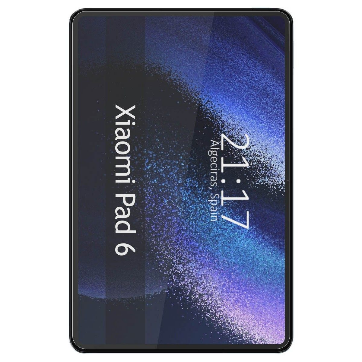 Tablet Xiaomi Pad 6 che mostra l'ora e la posizione, con un bordo nero.