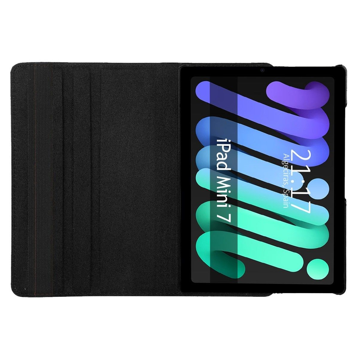 iPad Mini 7 en una funda negra. La pantalla muestra un reloj digital y texto.