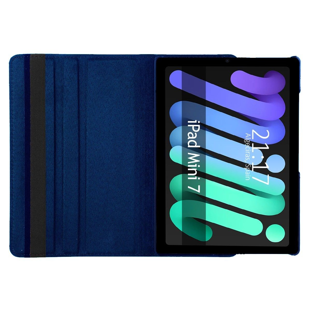 Funda de tableta azul abierta con la tableta dentro. La pantalla muestra la hora 21:17 y el texto 'iPad Mini 7'.
