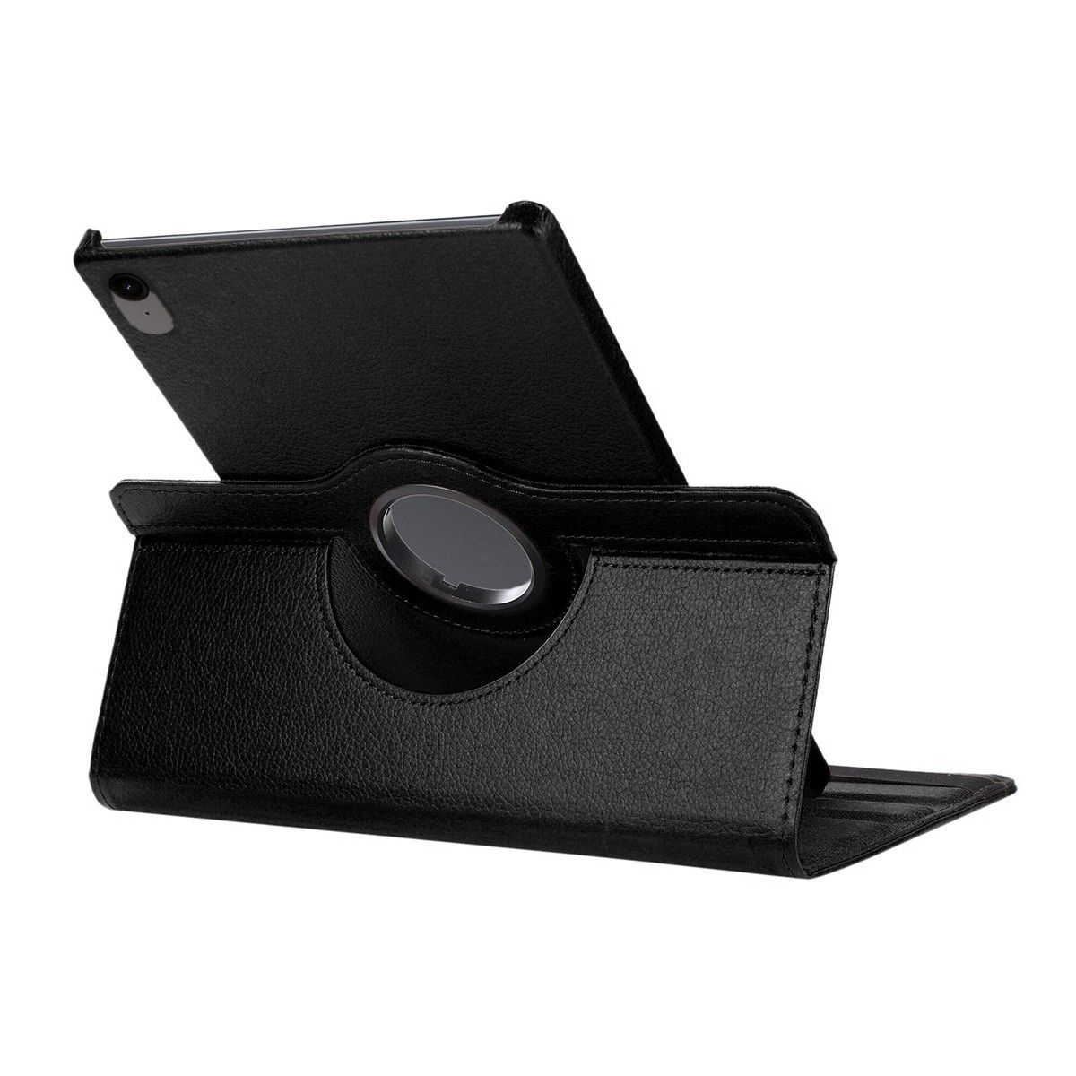 Tableta negra en funda de cuero negra, apoyada. La funda tiene un recorte circular para la cámara.