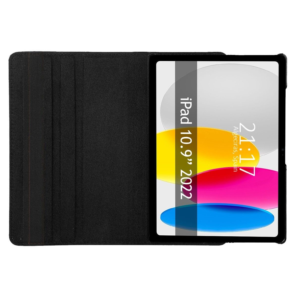 Tableta en una funda negra que muestra una pantalla colorida con la hora y ubicación.
