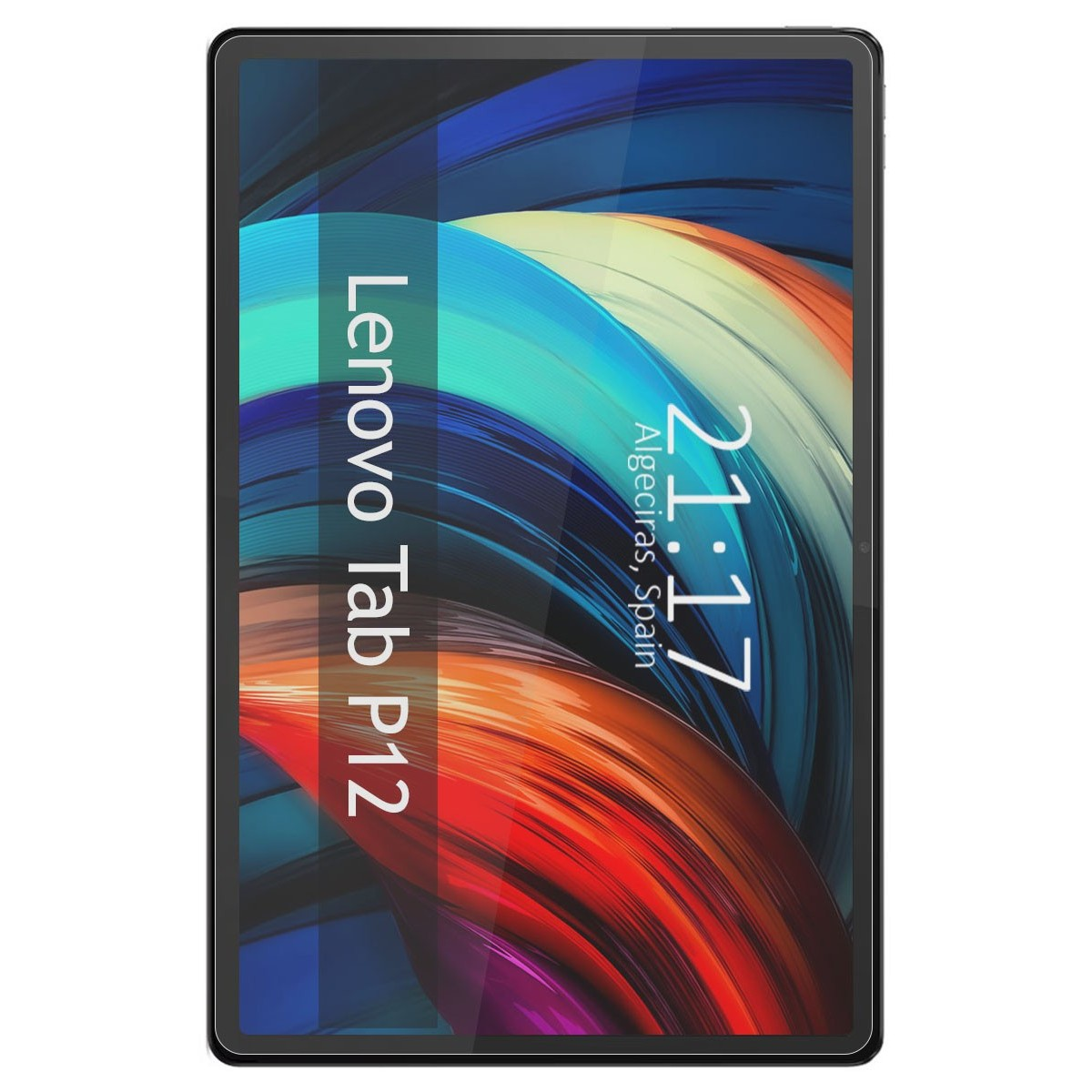 Tableta que muestra un gráfico colorido con texto: Lenovo Tab P12 y detalles de hora/ubicación.