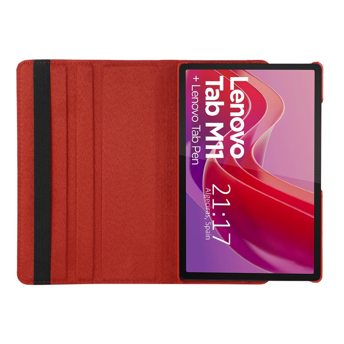 Tableta Lenovo Tab M11 abierta, con una cubierta roja. La pantalla muestra la hora y la ubicación.