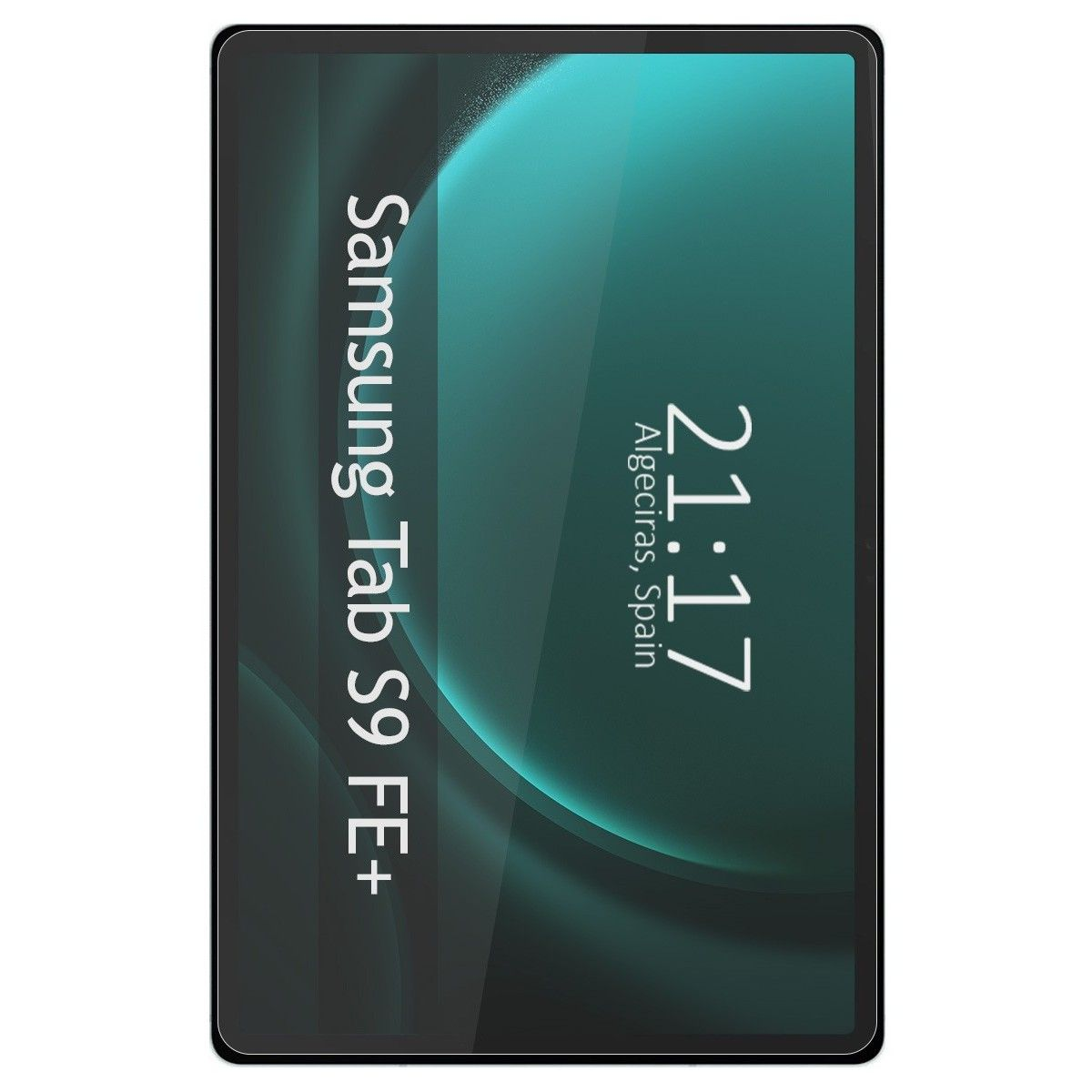 Una pantalla de tableta que muestra un fondo verde con la hora y el texto.