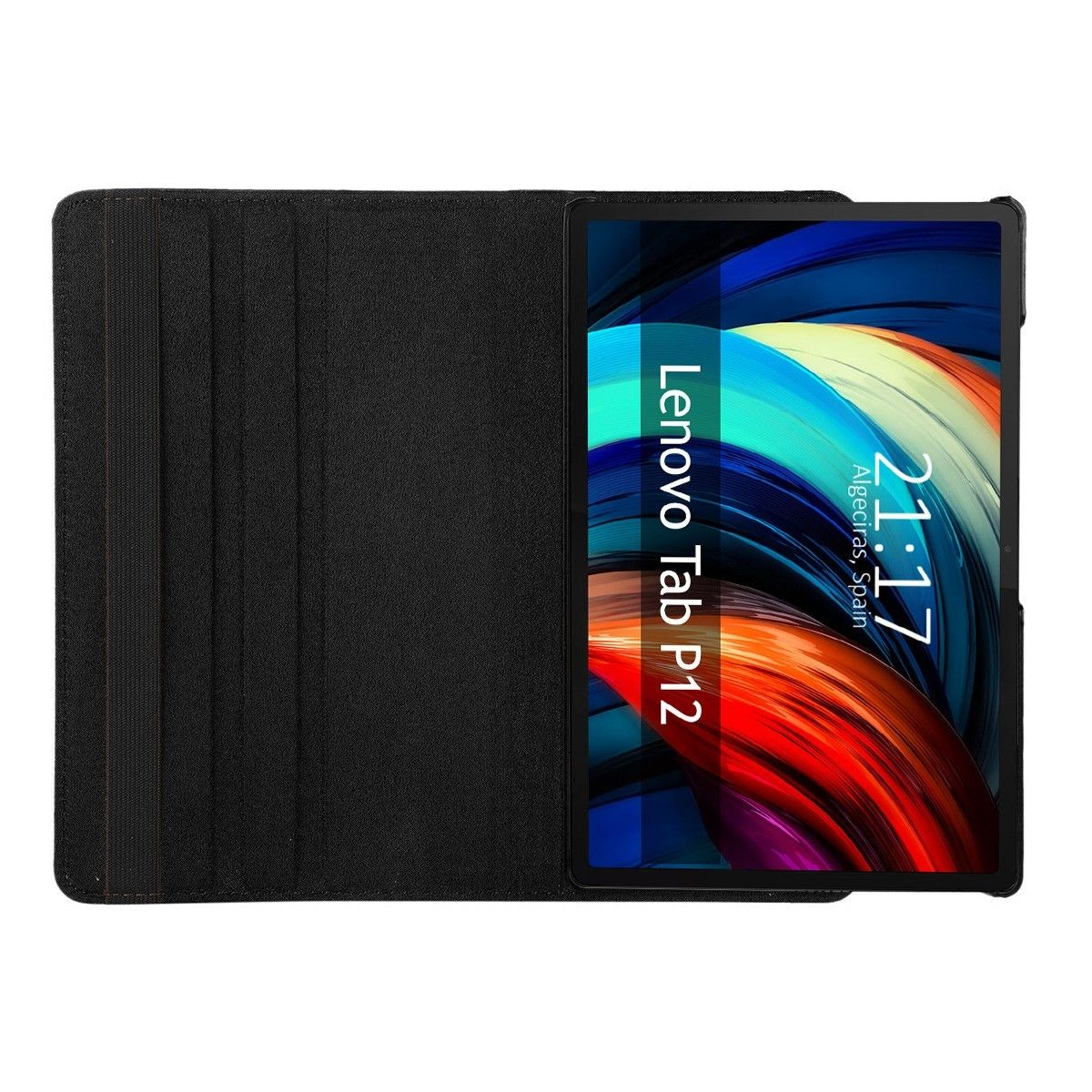 Tableta con funda negra, muestra Lenovo Tab P12. Hora: 21:17 en Algeciras, España.