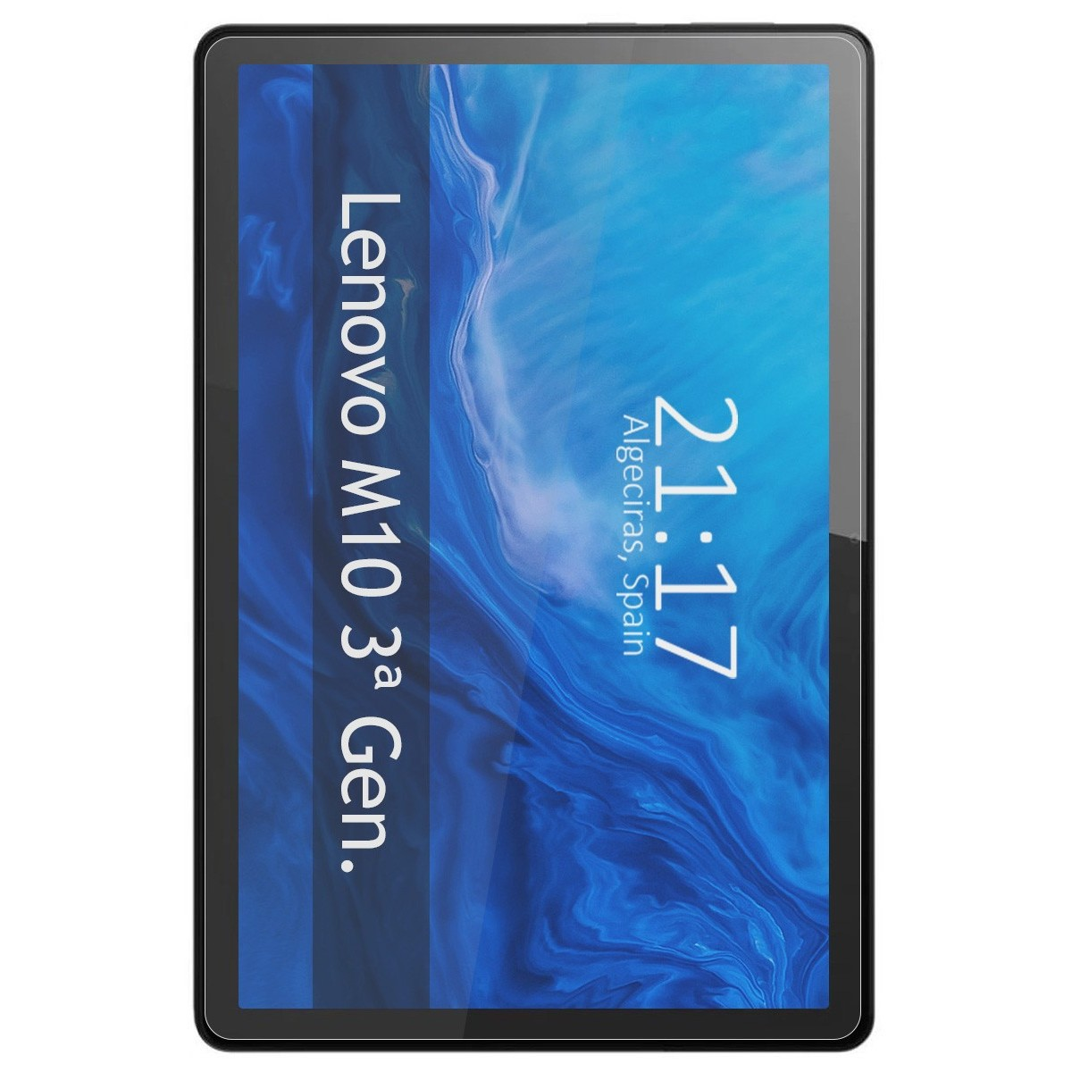 Tableta Lenovo azul con pantalla mostrando texto. Fondo blanco.