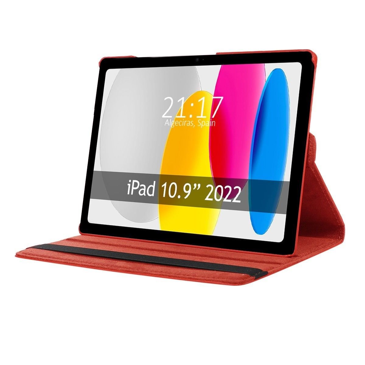 Tableta en funda roja, mostrando hora y ubicación. Fondo blanco.