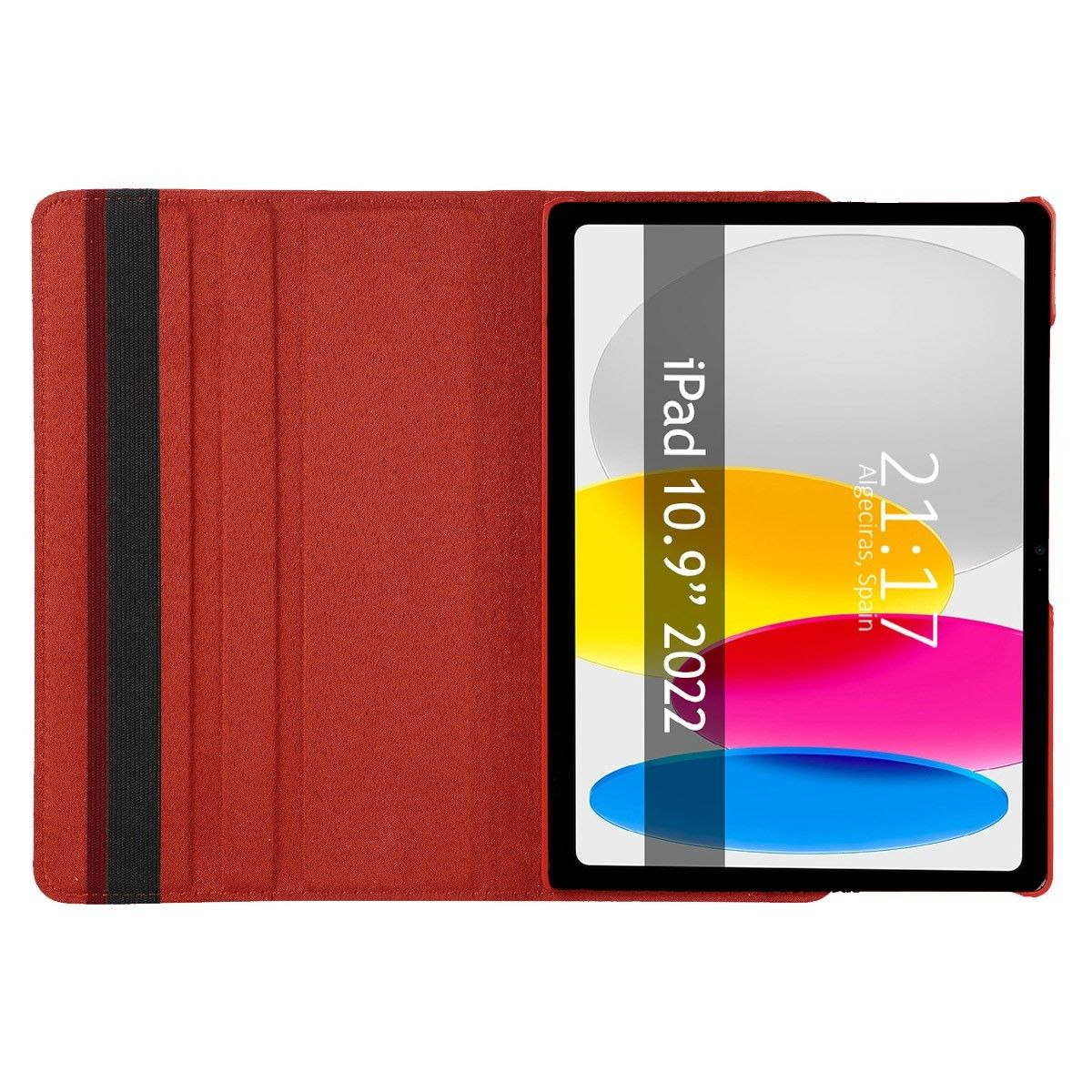 Funda de tableta roja con una tableta dentro. La pantalla muestra un fondo colorido.