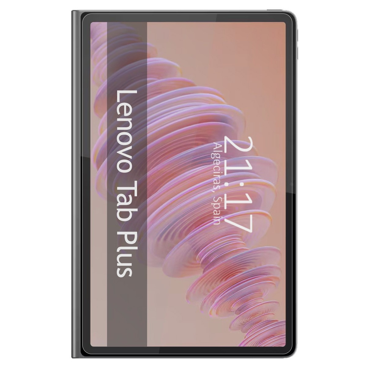 Tableta Lenovo Tab Plus con pantalla encendida. Se muestra la hora y la ubicación.