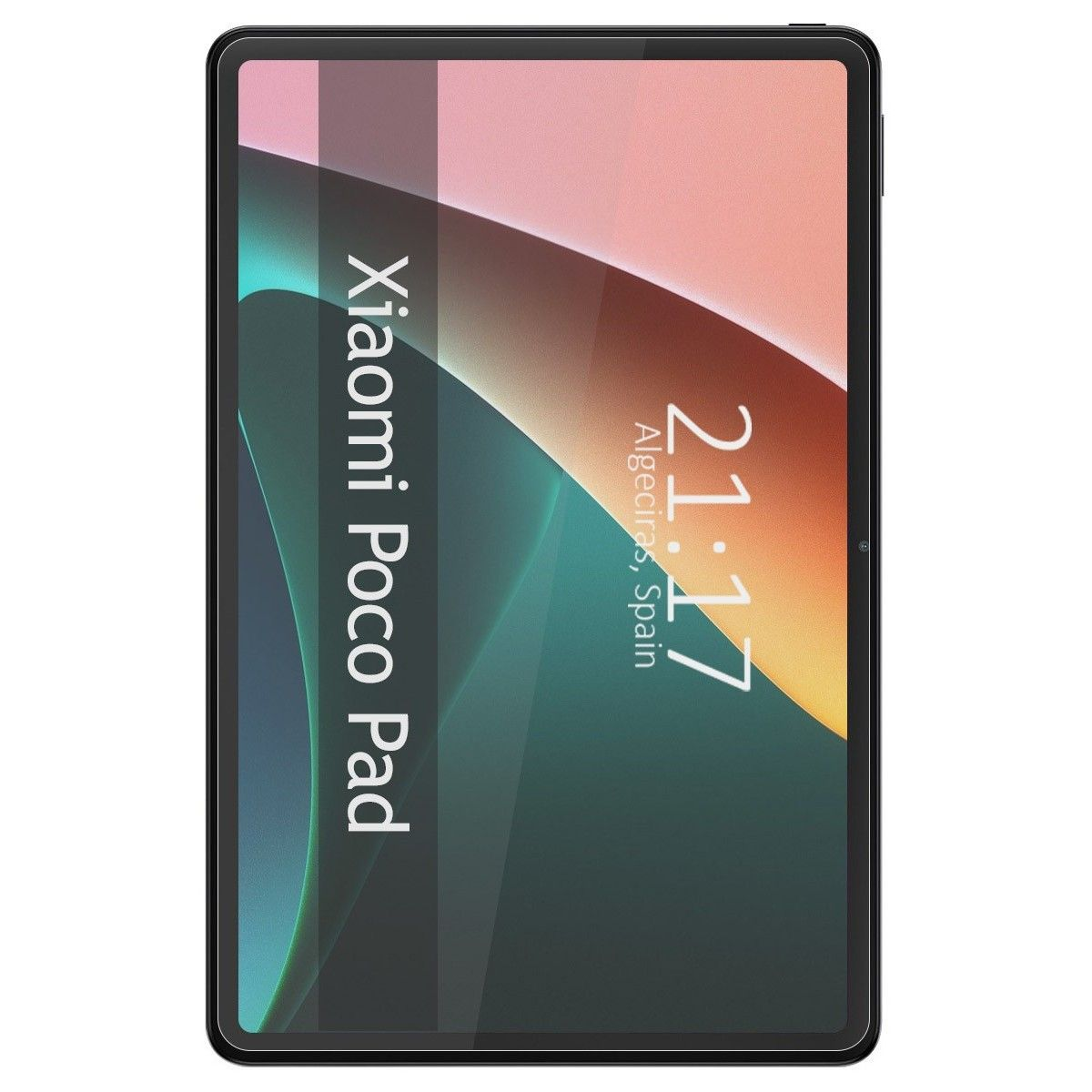 Tableta con Xiaomi Poco Pad en la pantalla, se muestra la hora y la ubicación.