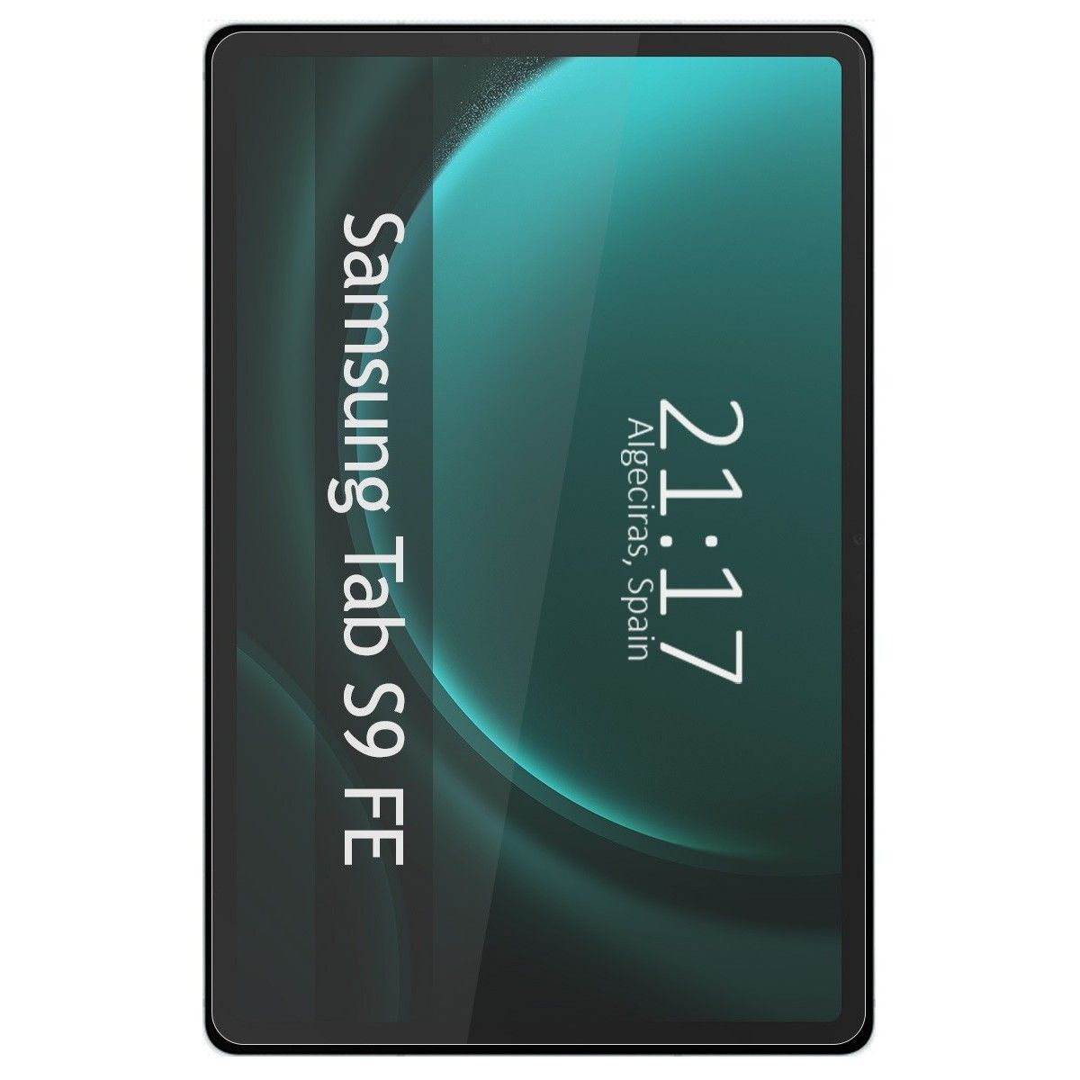 Samsung Tab S9 FE en pantalla, mostrando hora y ubicación.