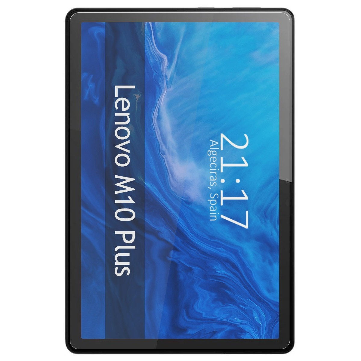 Tableta mostrando la hora 21:17, con "Lenovo M10 Plus" en pantalla.