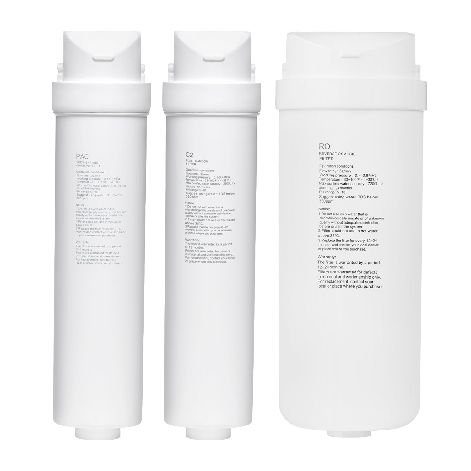 Drei weiße Wasserfilterpatronen mit Textetiketten: PAC, C2 und RO Umkehrosmosefilter.