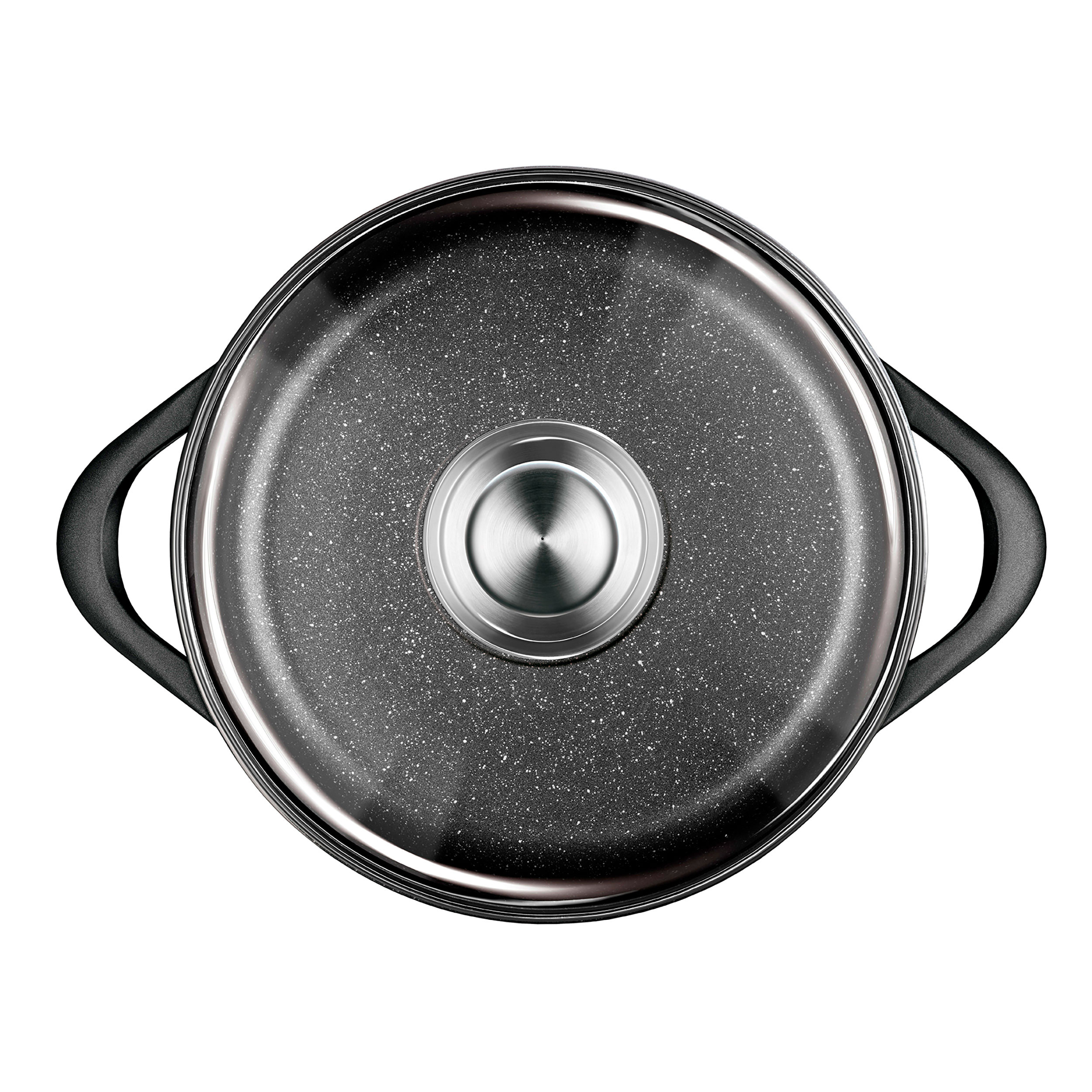 Vista superior de una olla negra con tapa de vidrio. La tapa tiene una perilla plateada.