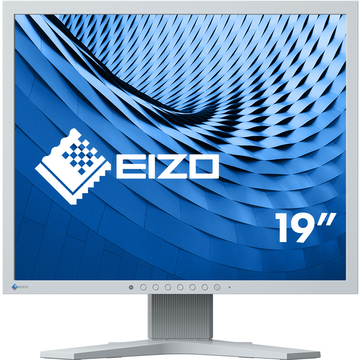 Srebrny monitor z niebieskim wzorem ekranu i logo EIZO.