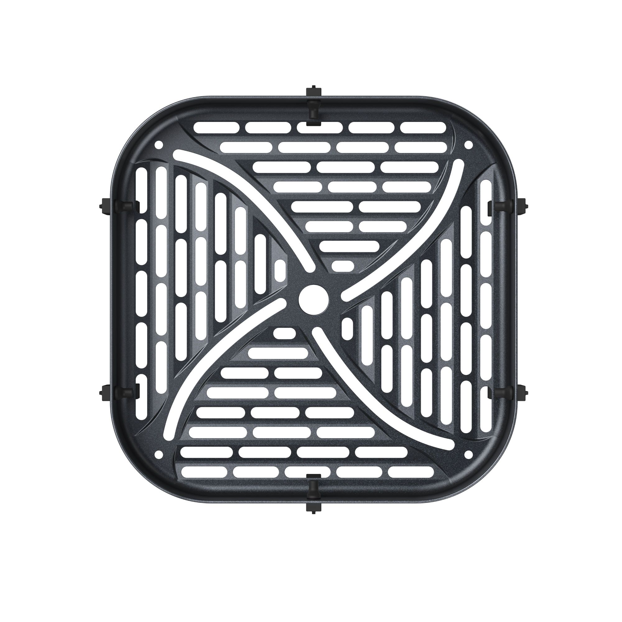 Kwadratowy czarny kosz do frytkownicy powietrznej z otworami, na białym tle.