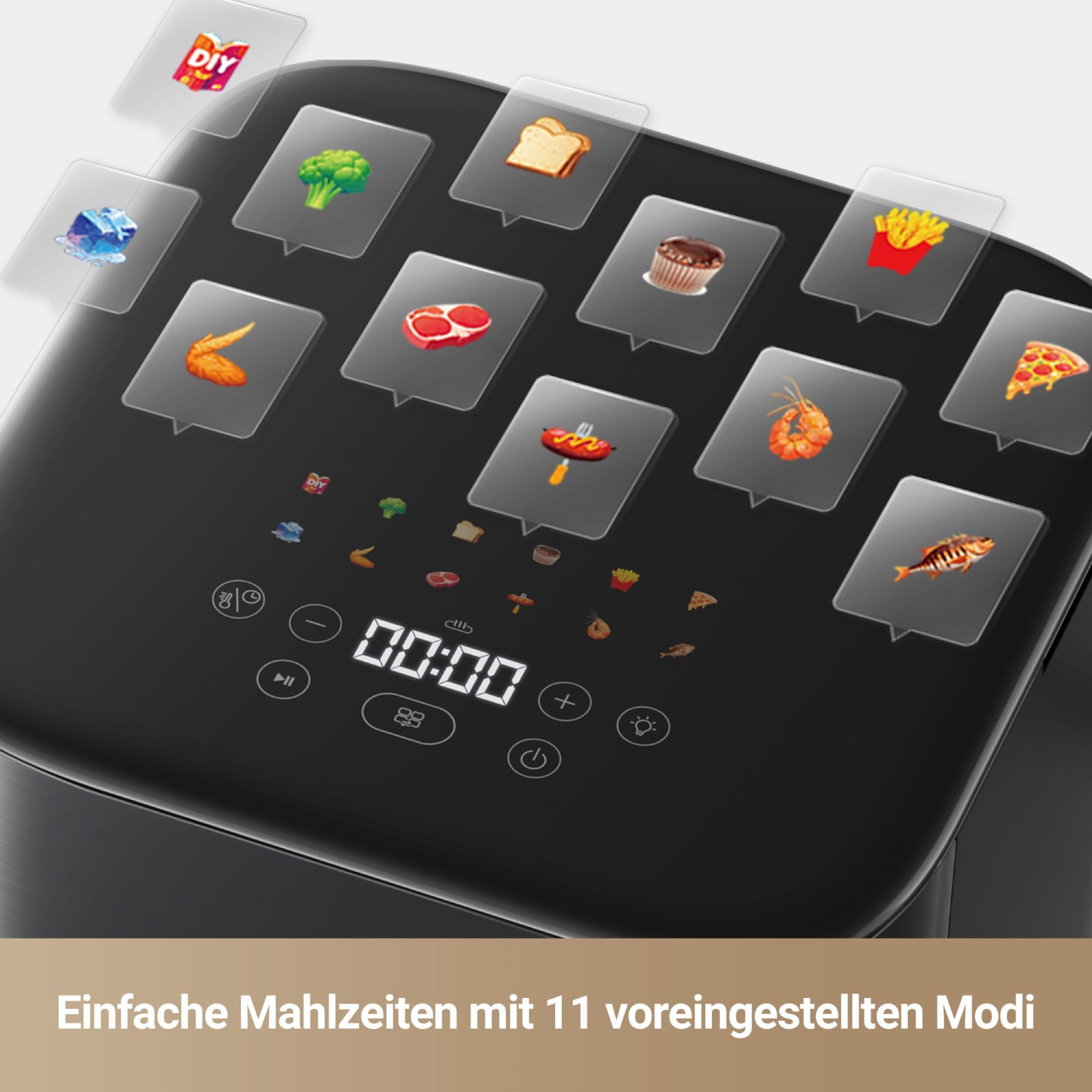 Schwarzes Airfryer-Bedienfeld mit Symbolen für Essensoptionen und Timer, mit Text.