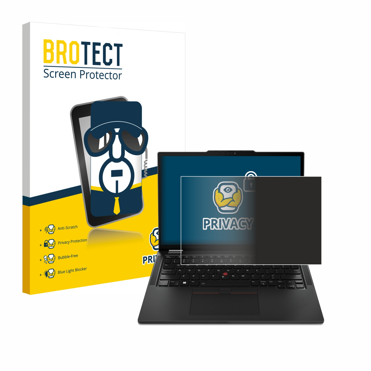 Laptop mit Displayschutz und Schutzbox.