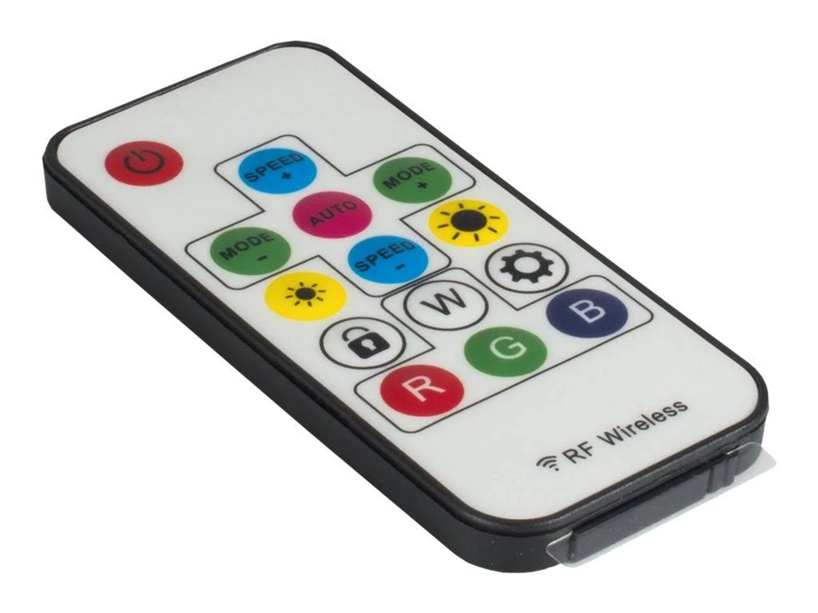 Biały pilot z kolorowymi przyciskami do różnych funkcji. Czarny kontur i tekst.