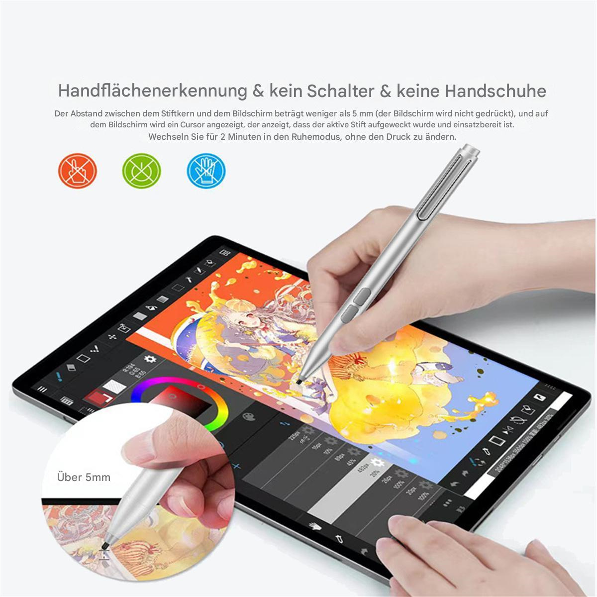 Eine Person, die einen Stift auf einem Tablet verwendet. Der Bildschirm zeigt Farben und eine digitale Oberfläche mit Text.