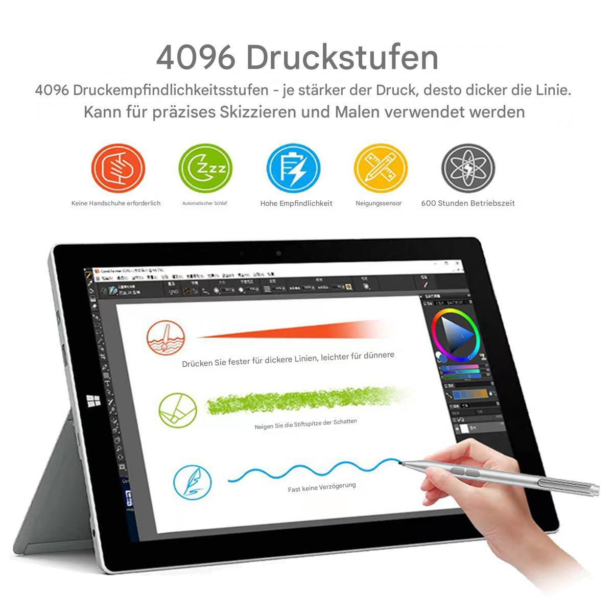 Ein Tablet mit Stift, zeigt Kunstsoftware mit Symbolen und Text.