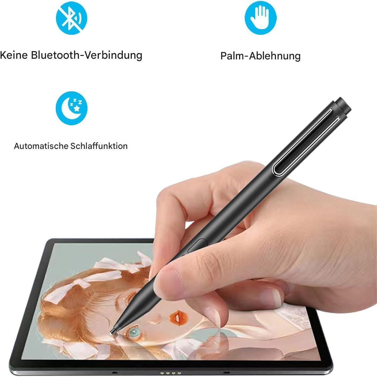 Eine Hand hält einen schwarzen Stift über einem Tablet. Symbole zeigen Funktionen.