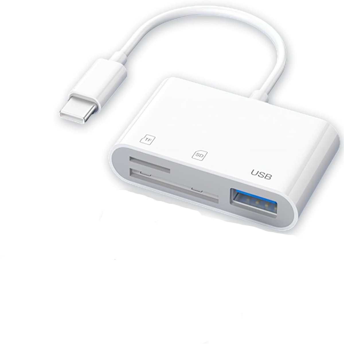 Weißer USB-Kartenleser mit USB-C-Anschluss. Steckplätze für TF- und SD-Karten sind sichtbar. Weißer Hintergrund.