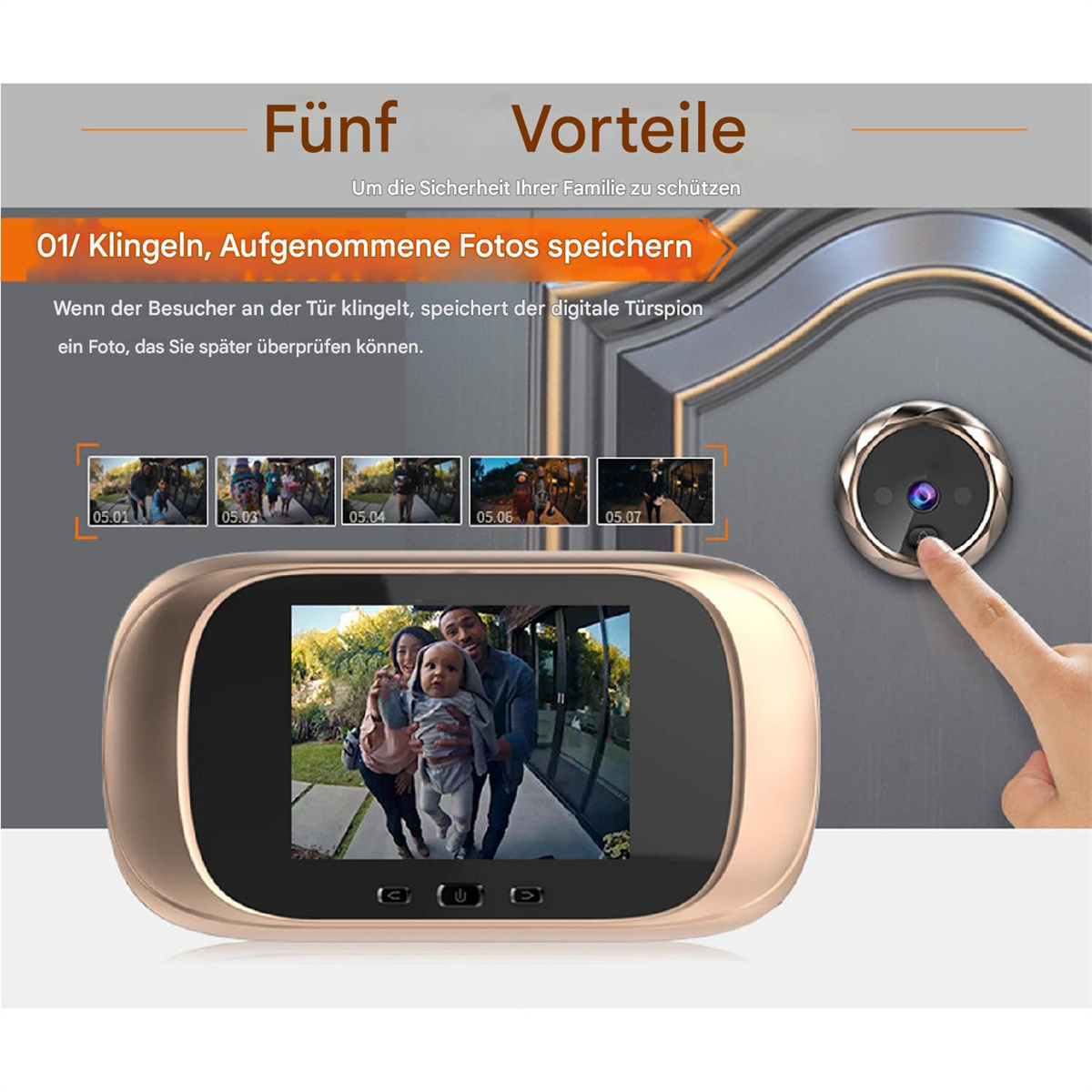 Eine intelligente Türklingel, die einen Bildschirm mit Bildern zeigt und ein Finger die Klingel berührt.