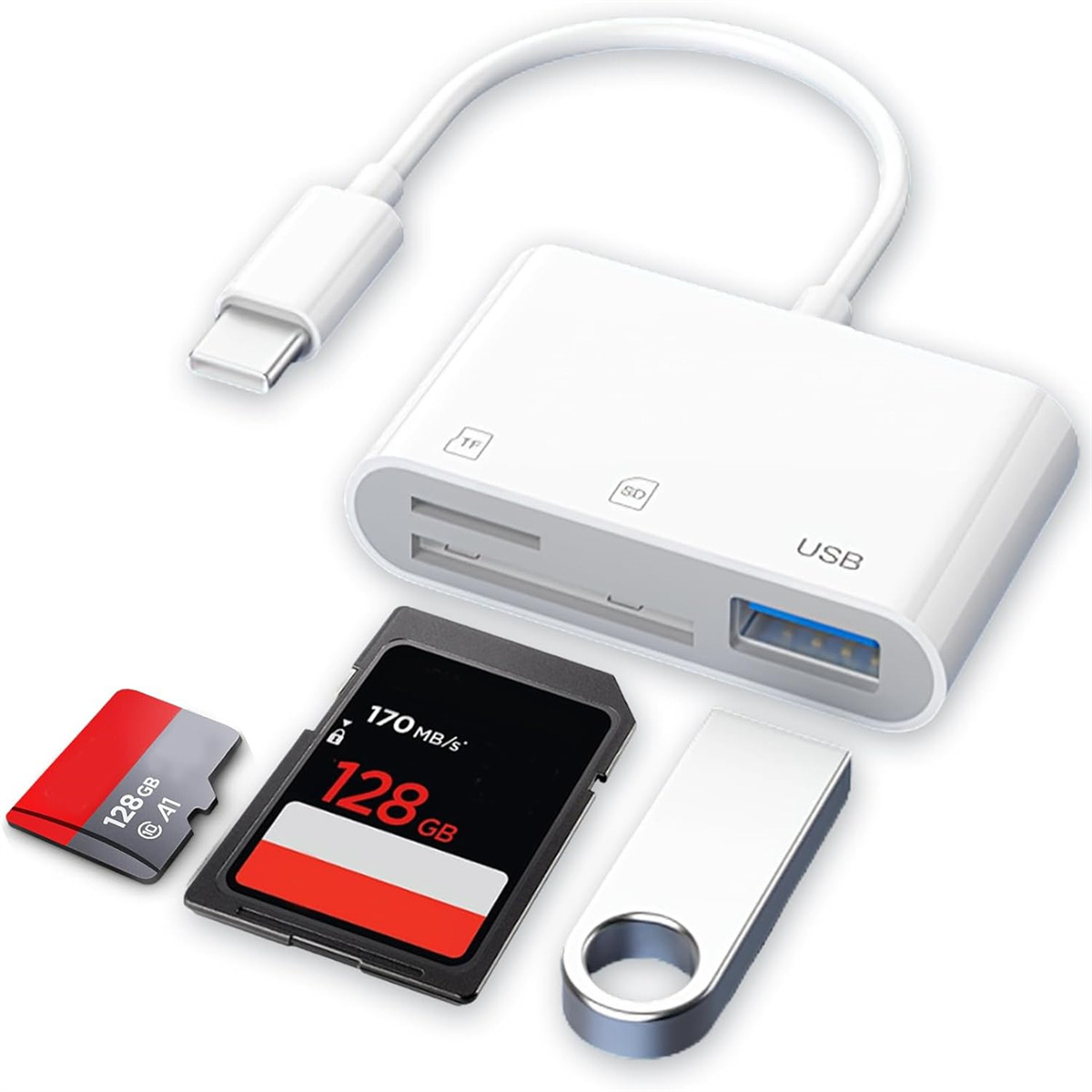 Ein weißer USB-Adapter mit USB-Anschluss, SD-Kartensteckplatz und microSD-Kartensteckplatz mit Karten.