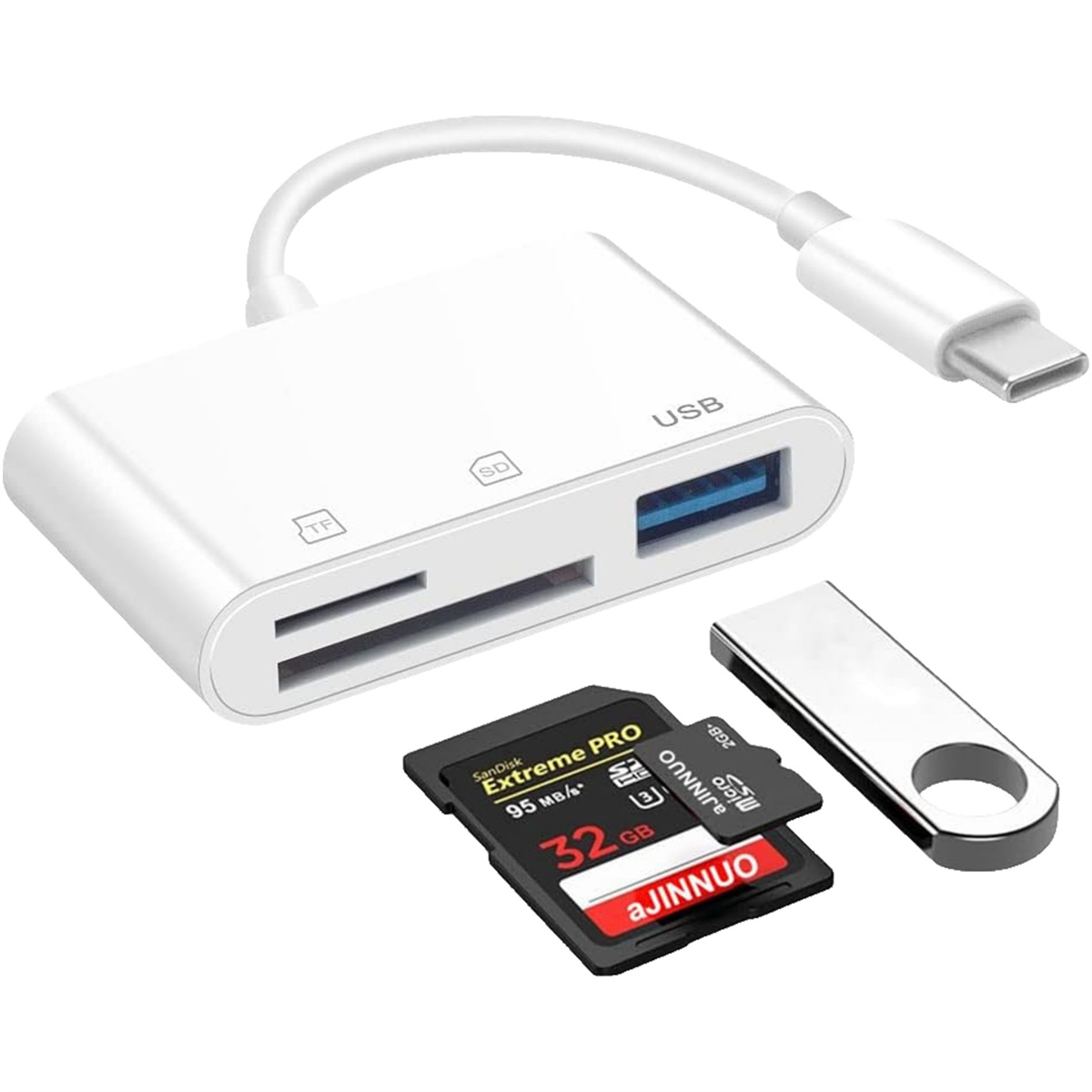 Weißer USB-Kartenleser mit USB-C- und USB-Anschlüssen sowie SD-Karte, MicroSD-Karte und USB-Stick.