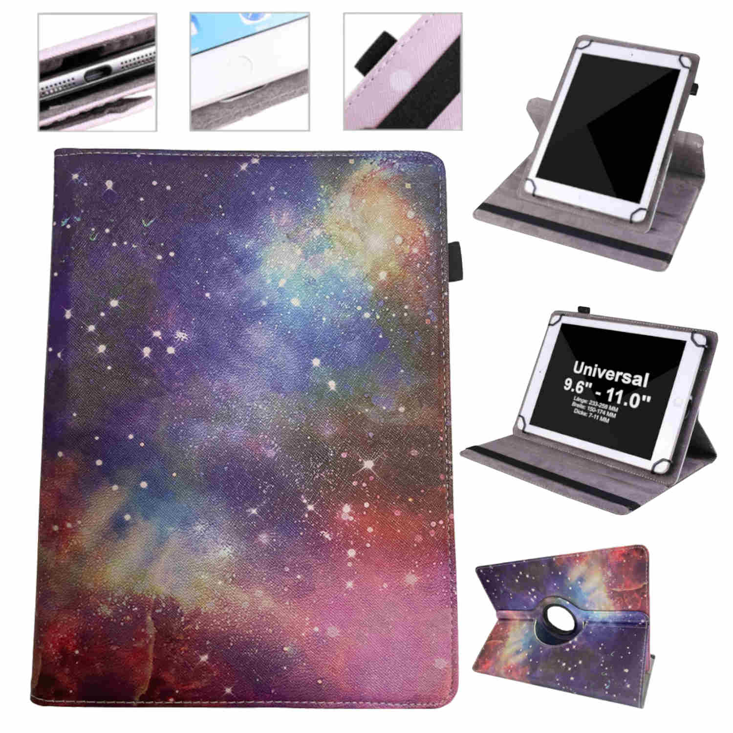 Tablethülle mit Galaxiedesign. Mehrere Ansichten der Hülle und eines Tablets.
