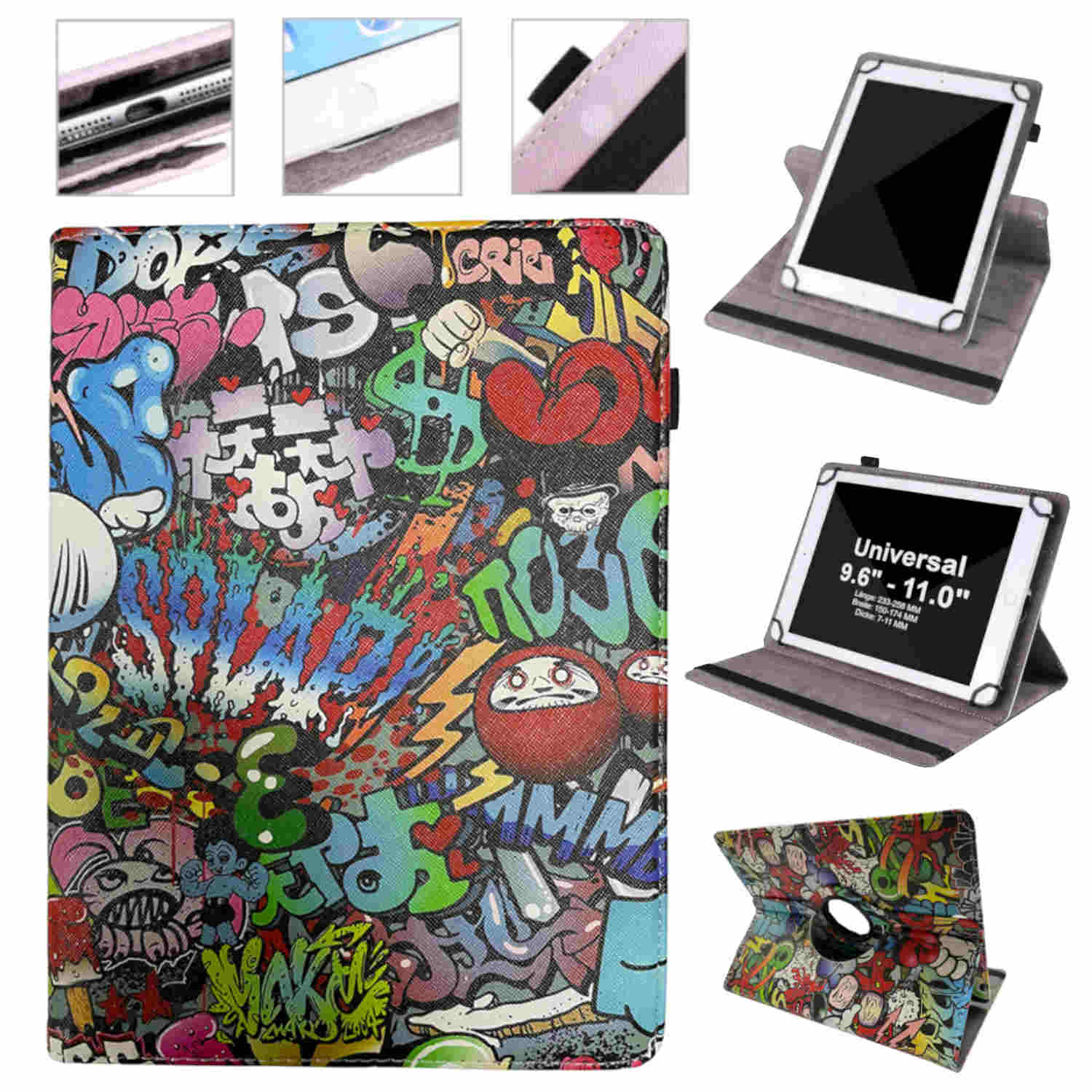 Tablet-Hülle mit Graffiti-Kunst. Das Tablet ist innen und hat mehrere Standoptionen.