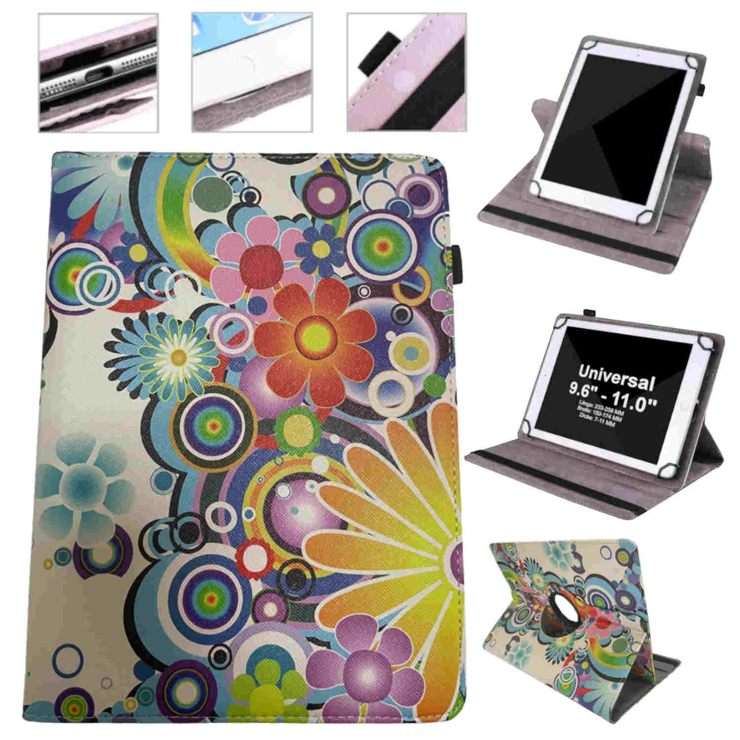 Tablethülle mit floralem Design, mehrere Ansichten. Ein Tablet befindet sich in einem Halter mit schwarzem Rahmen.