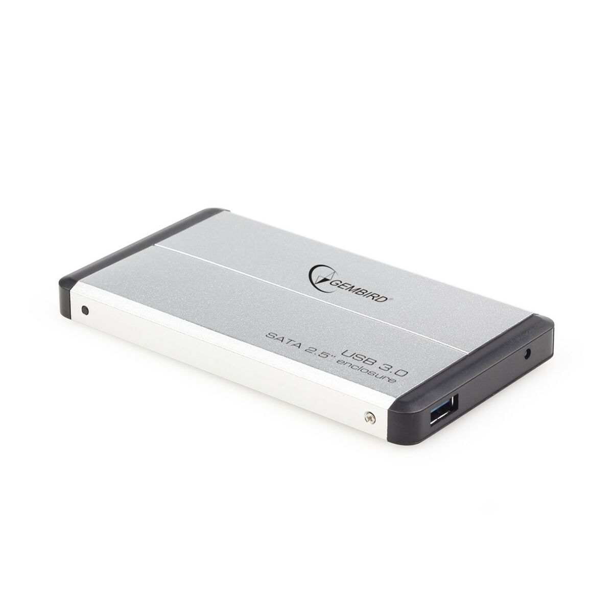 Ein silbernes und schwarzes externes Festplattengehäuse mit USB 3.0-Anschluss auf weißem Hintergrund.