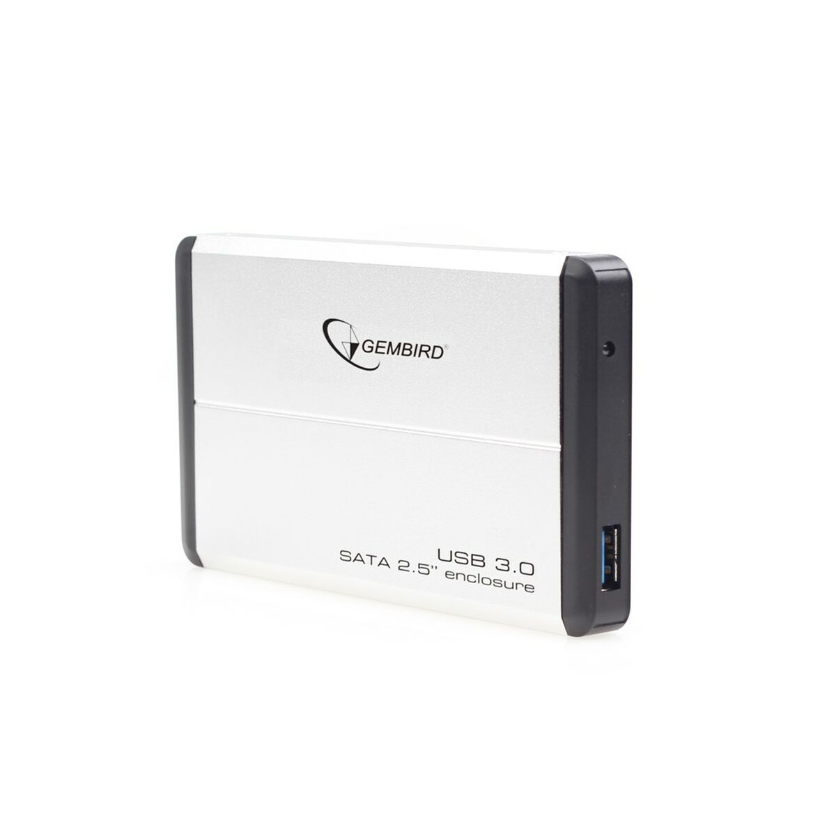 Silbernes und schwarzes Gembird USB 3.0 externes Festplattengehäuse. Das Gerät hat einen USB-Anschluss.