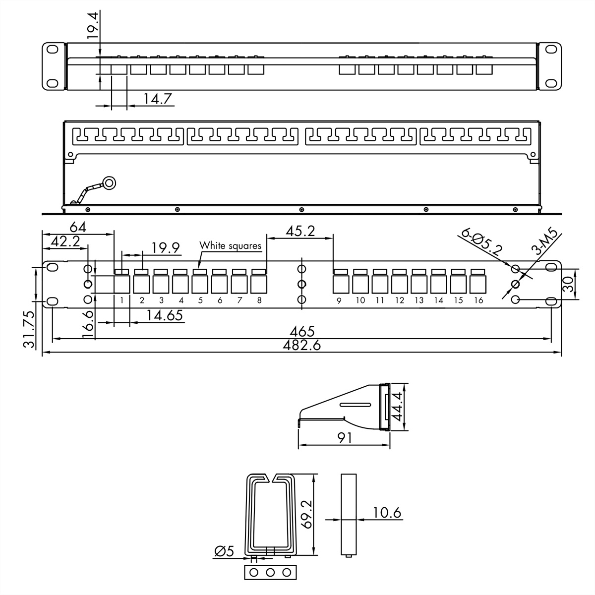 Plan technique d'un panneau de brassage avec dimensions en millimètres.