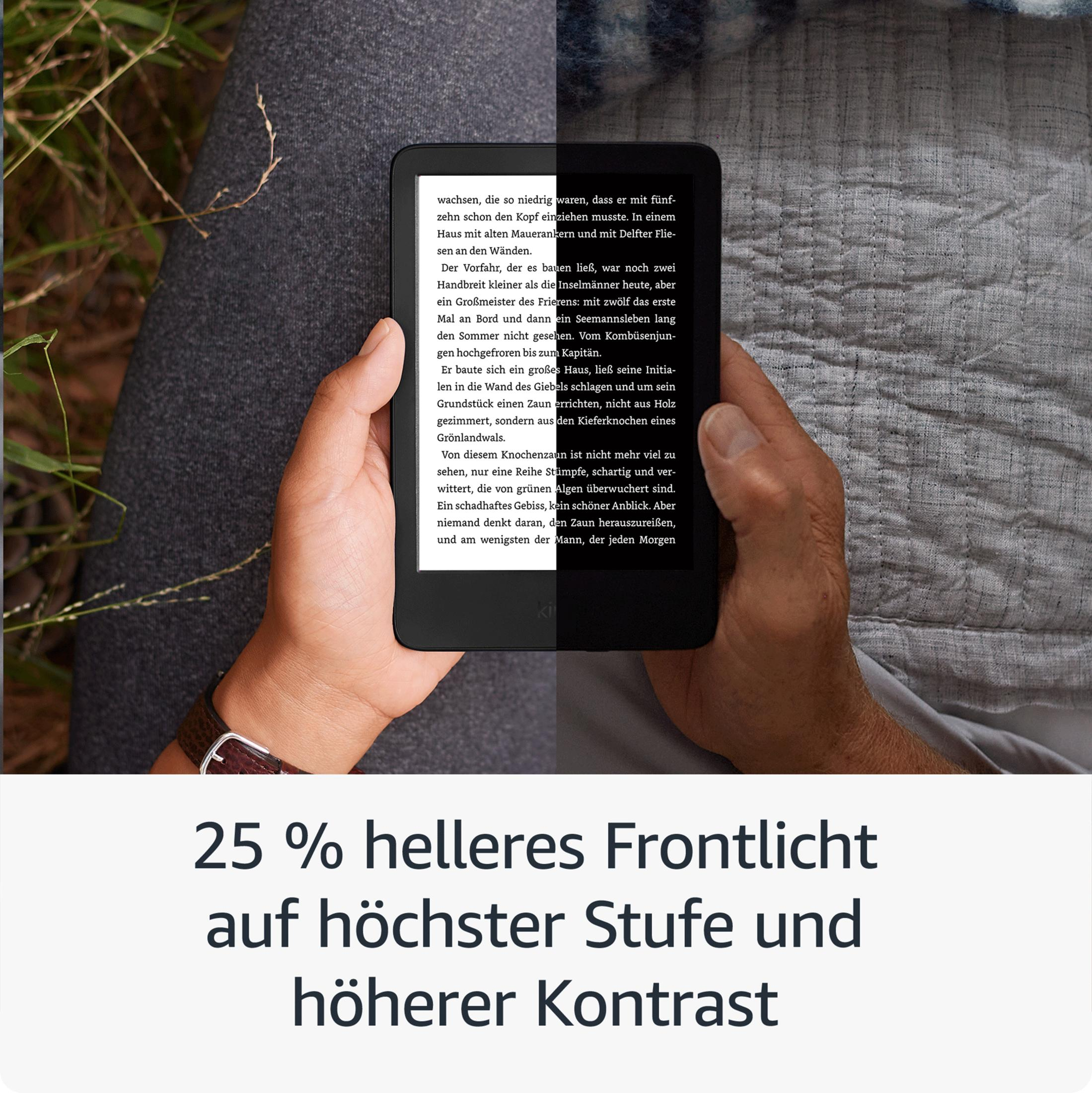 Ręce trzymające czytnik Kindle. Tekst jest wyświetlany na ekranie. Tekst mówi '25% jaśniejszy'.