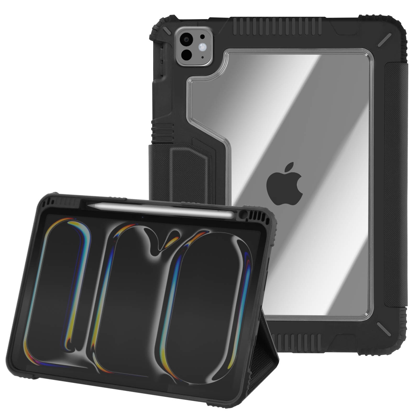 Custodia nera per iPad con supporto integrato. La custodia ha un retro trasparente e una cornice nera.