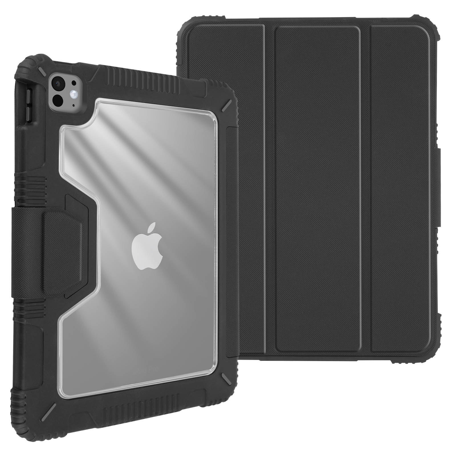 Custodia nera per iPad con retro trasparente, che mostra il logo Apple, e una cover chiusa.