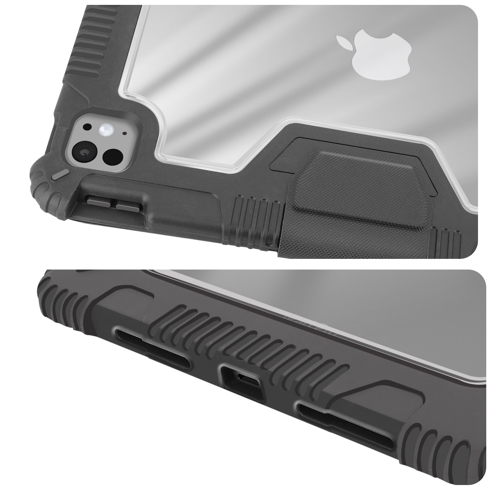 Primo piano di una custodia per iPad, con retro trasparente e cornice protettiva nera.