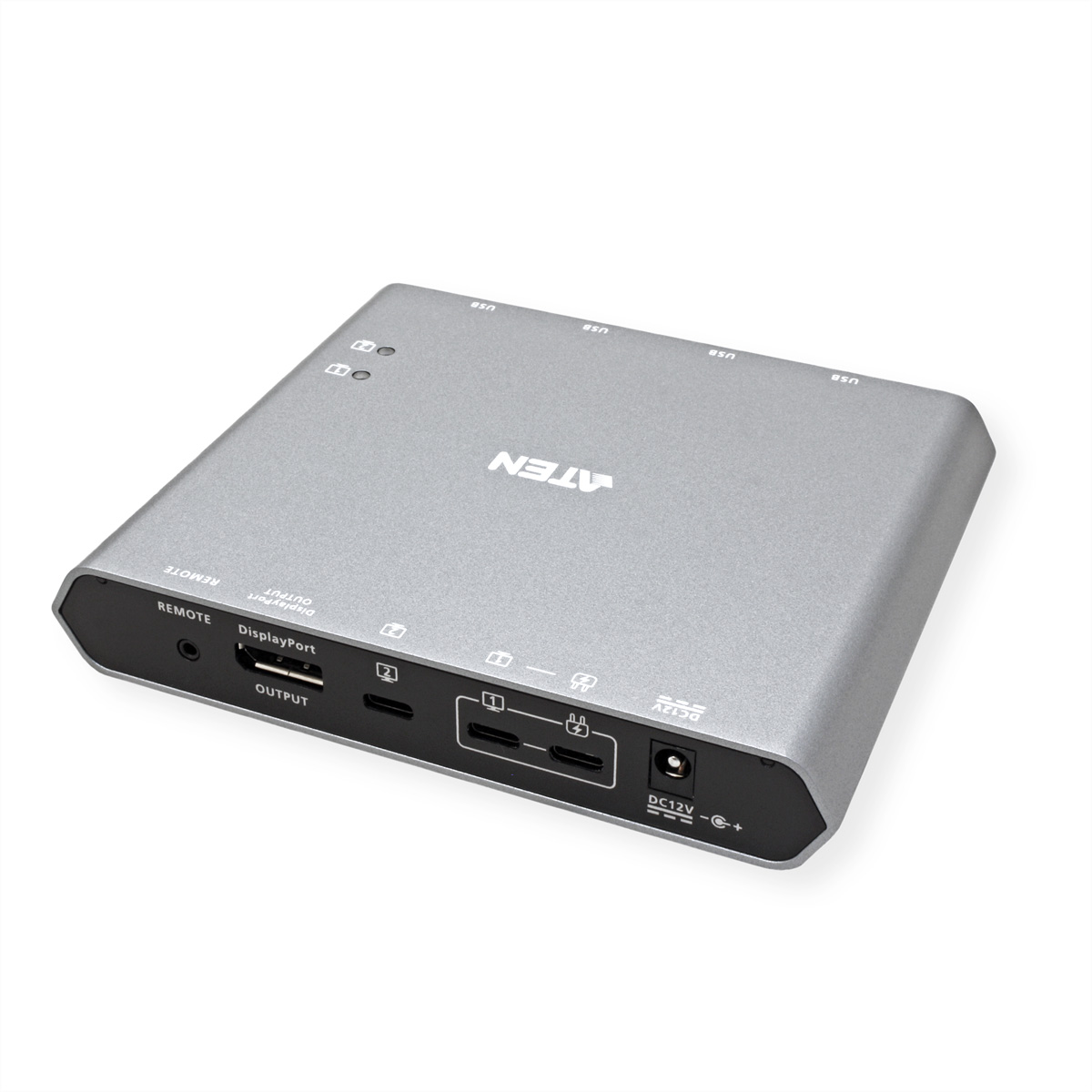Un dispositivo ATEN argentato con più porte, tra cui USB e porte display. È su sfondo bianco.