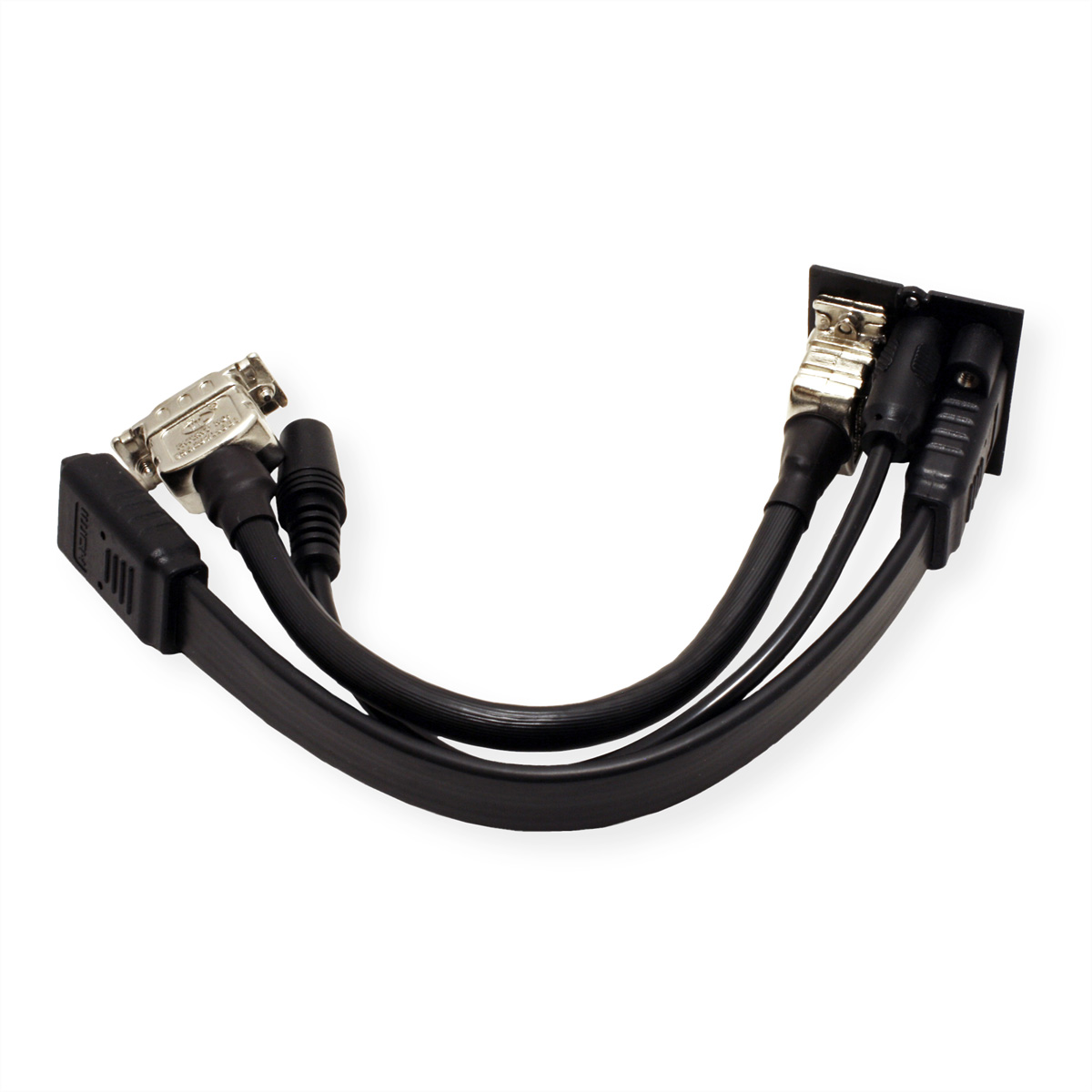 Schwarzes Mehrfachanschlusskabel mit HDMI, VGA und anderen Anschlüssen auf weißem Hintergrund.