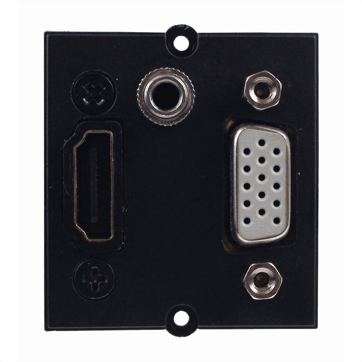 Schwarzes quadratisches Panel mit HDMI-, VGA- und Audioanschlüssen. Schrauben sichtbar.