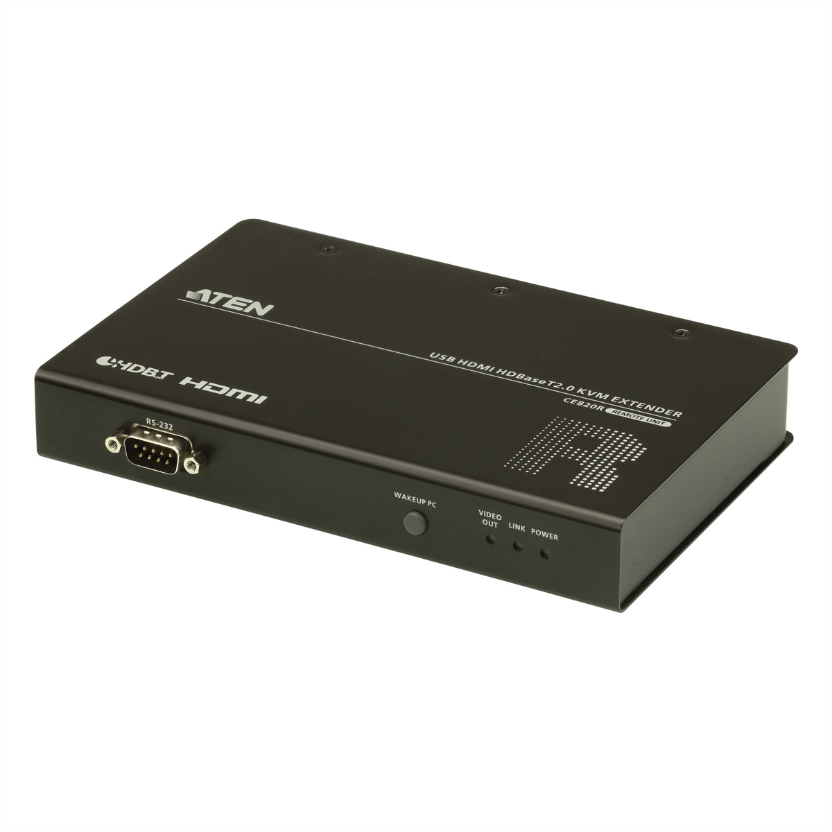Un extender HDMI ATEN nero con porte e un pulsante su una superficie bianca.