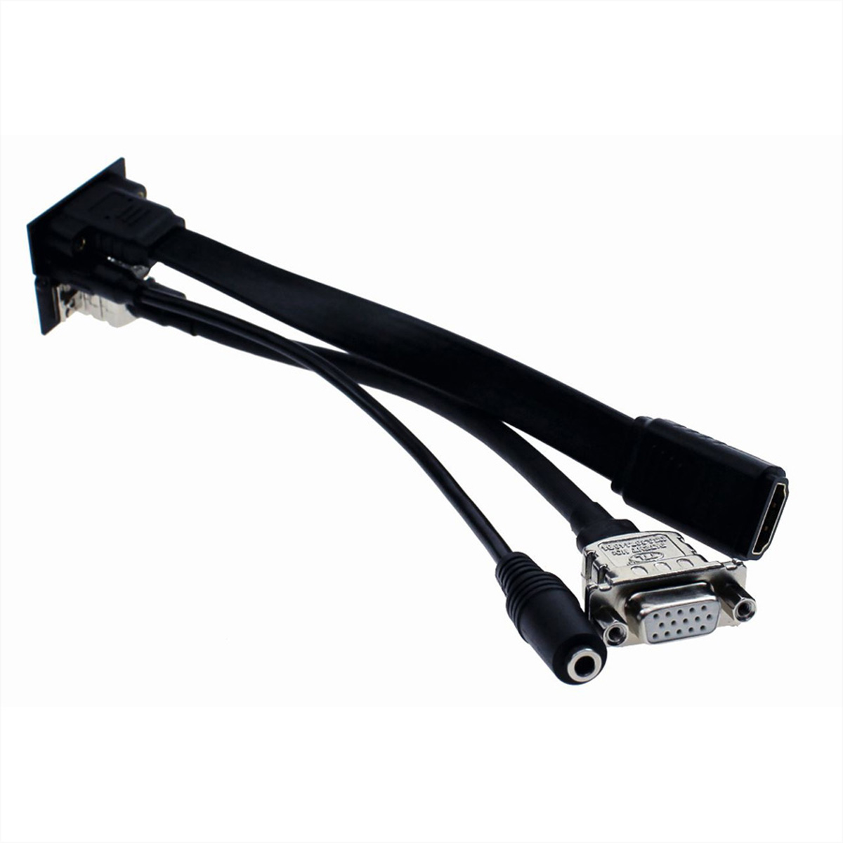 Schwarzes Kabel mit mehreren Anschlüssen, darunter HDMI, VGA und eine kleinere Audiobuchse.