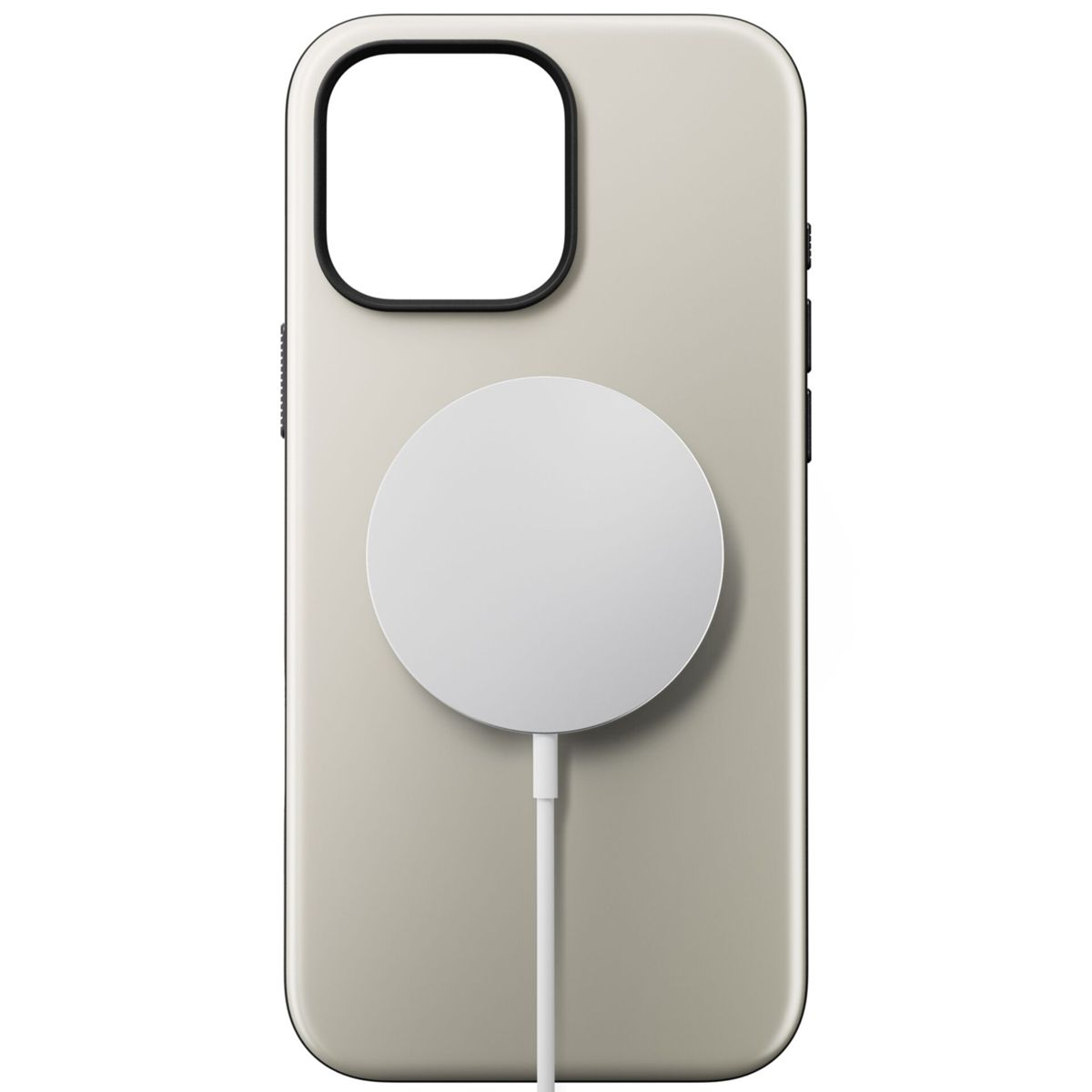Una custodia per telefono con un disco di ricarica bianco collegato, posizionata su uno sfondo beige chiaro.