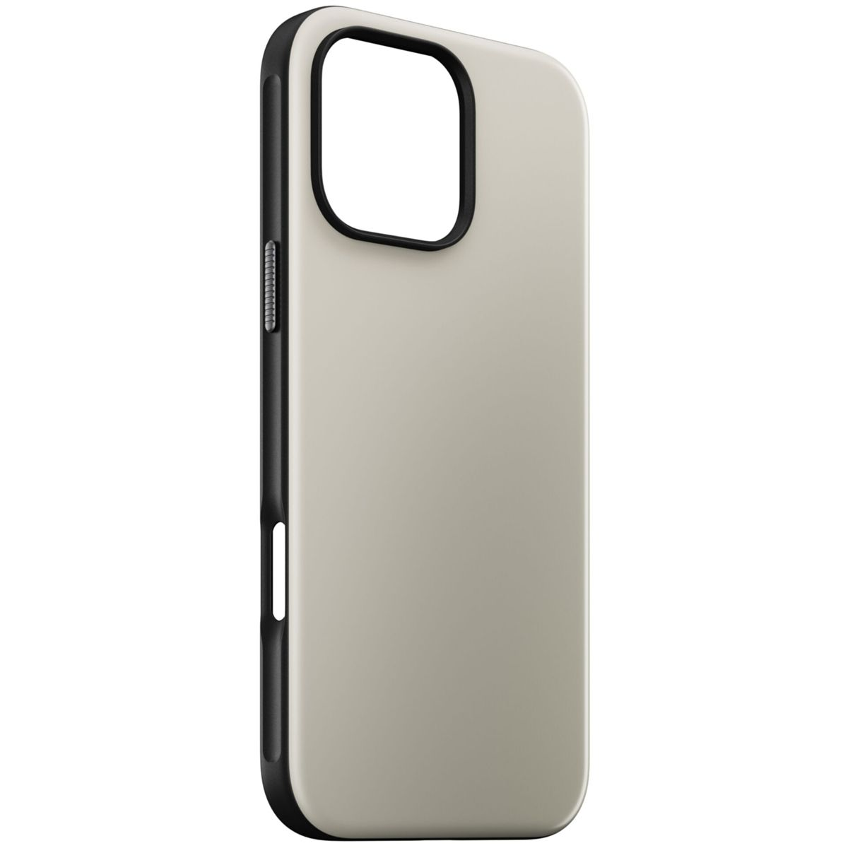 Una custodia per telefono dal design scuro ed elegante. La custodia ha una cornice nera e un retro di colore neutro.
