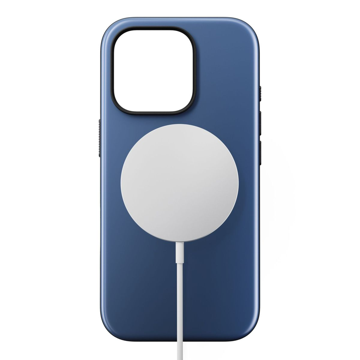 Custodia blu per telefono con caricatore rotondo bianco, cavo bianco.