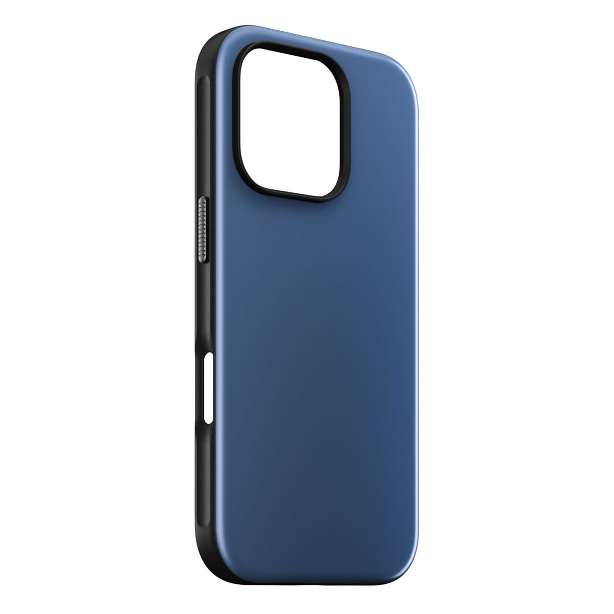 Custodia blu per telefono con bordi neri. Ha un'area aperta per la fotocamera e pulsanti laterali.