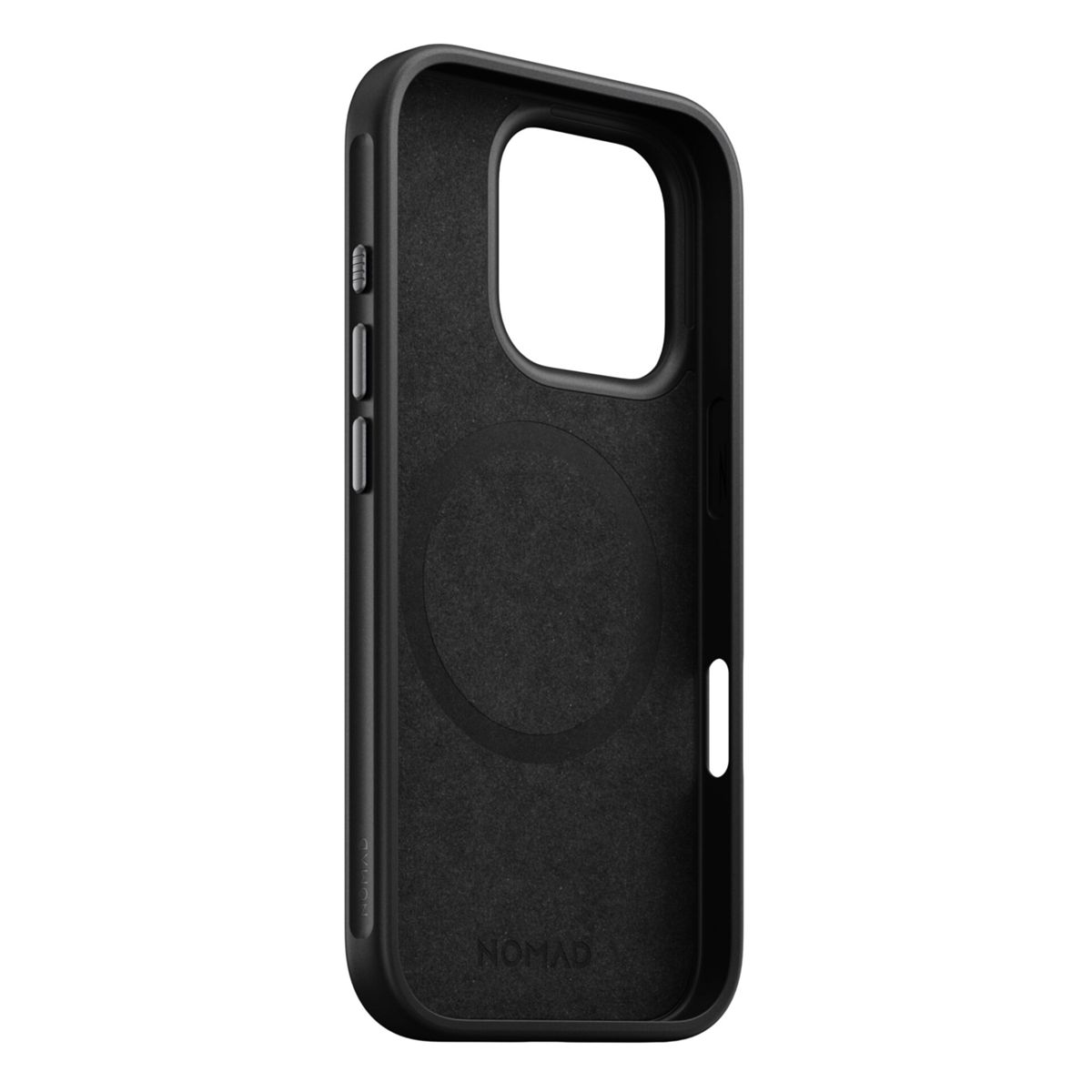 Interno di custodia per telefono nera con ritaglio per la fotocamera, che mostra la sua struttura interna.